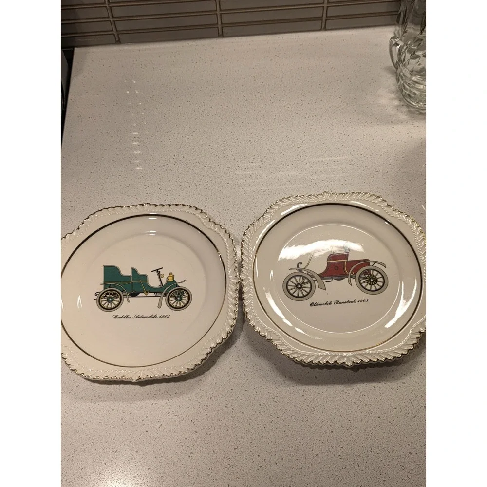 Set of Two Vintage Beautiful Automobile Plates With 22KT. Gold Trims